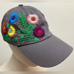 Hand Embroidered Floral Gray Cap Summer Bohemian Festival Boho Adjustable